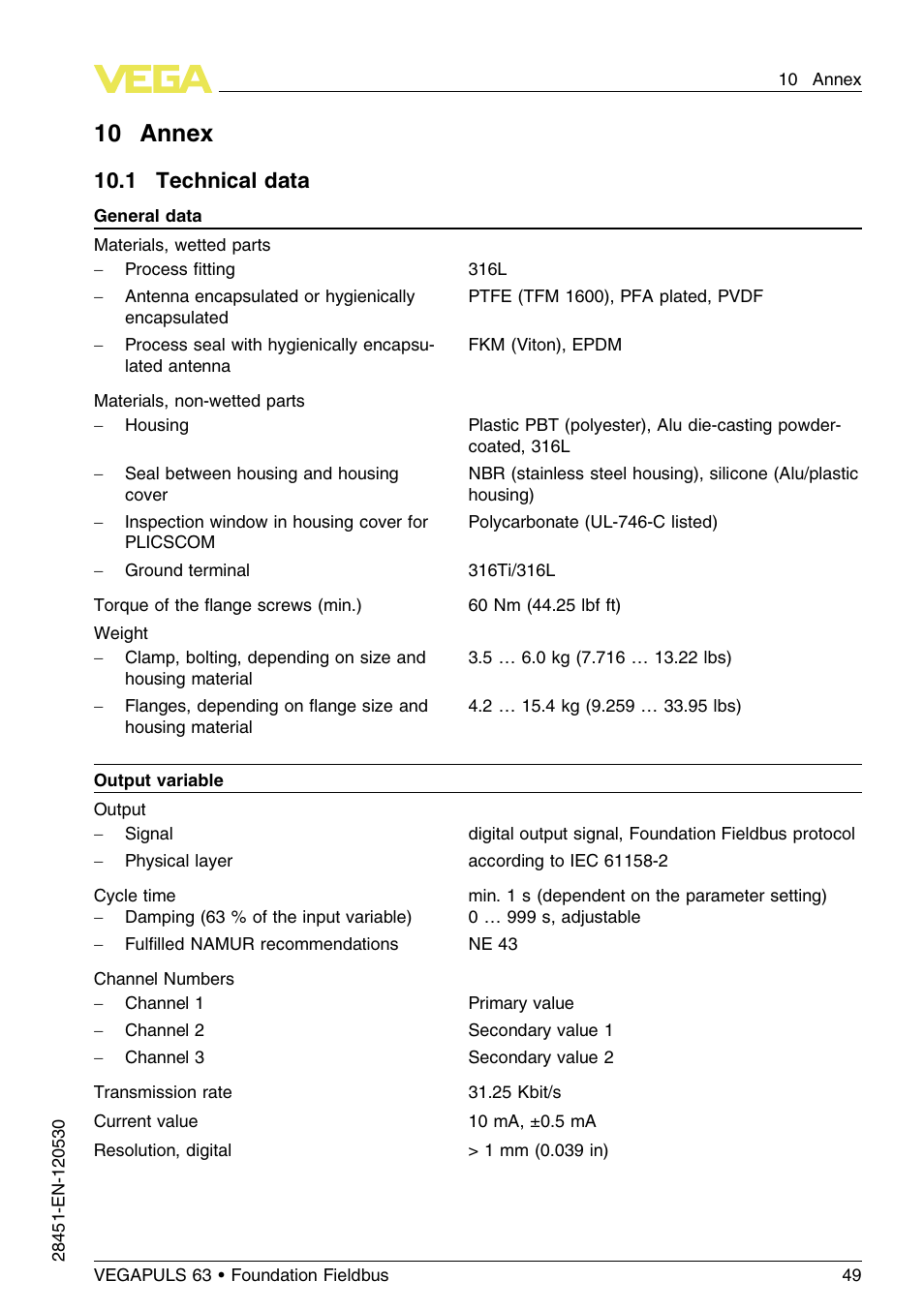 10 annex, 1 technical data, 10 .1 technical data | VEGA VEGAPULS 63 (≥ 2.0.0 - ≤ 3.8) Foundation Fieldbus User Manual | Page 49 / 72