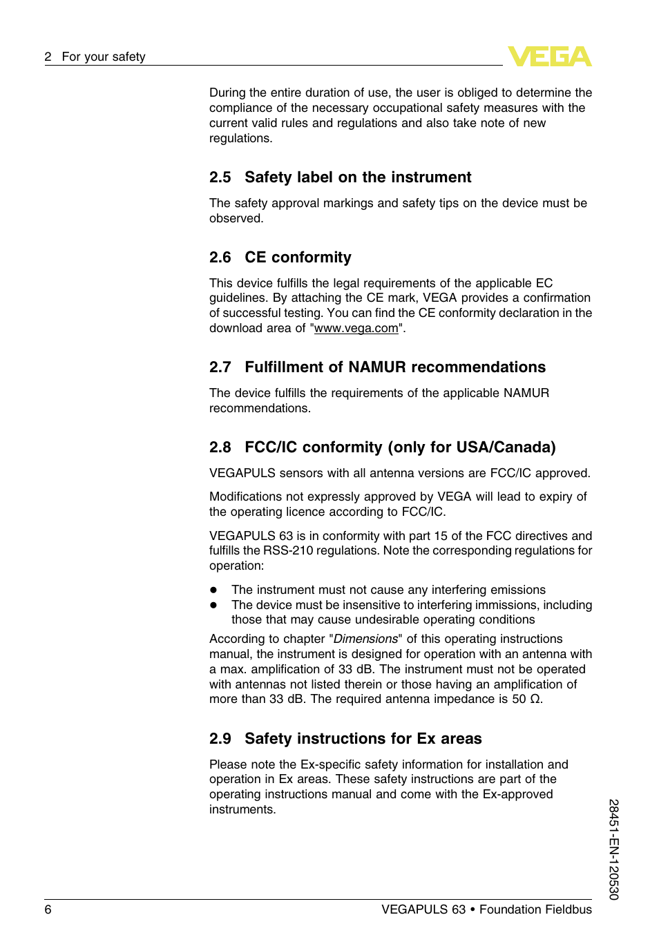 7 fulfillment of namur recommendations, 8 fcc/ic conformity (only for usa/canada), 9 safety instructions for ex areas | VEGA VEGAPULS 63 (≥ 2.0.0 - ≤ 3.8) Foundation Fieldbus User Manual | Page 6 / 72