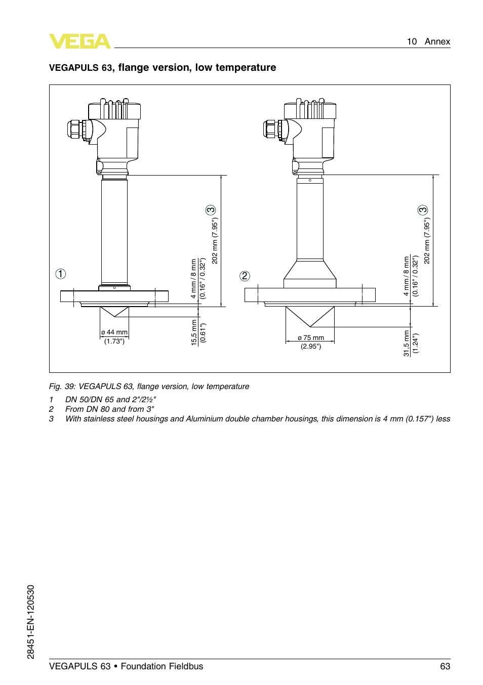 FLange version, low temperature | VEGA VEGAPULS 63 (≥ 2.0.0 - ≤ 3.8) Foundation Fieldbus User Manual | Page 63 / 72