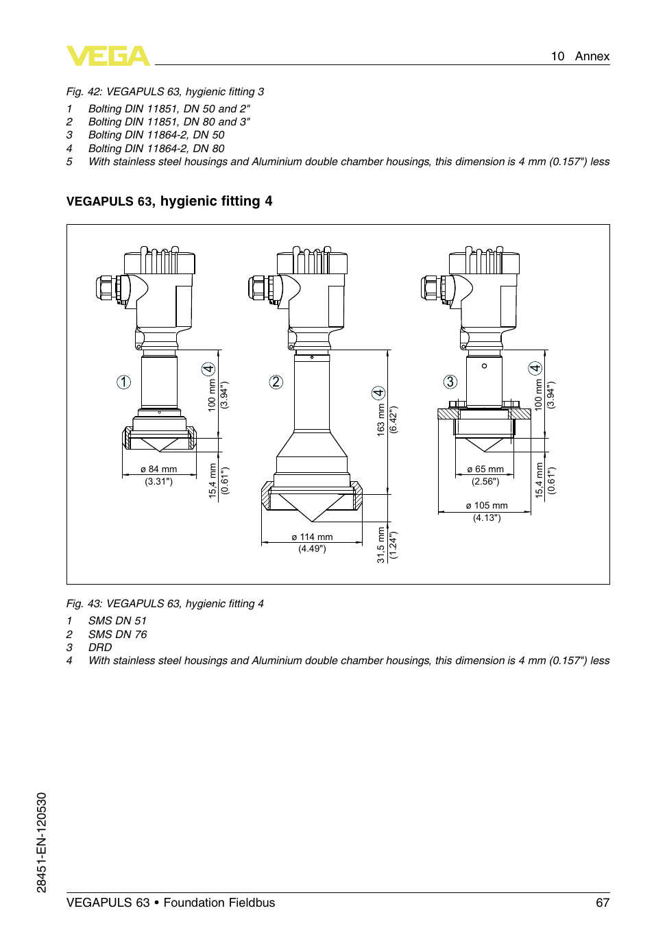 Hygienic ﬁtting 4 | VEGA VEGAPULS 63 (≥ 2.0.0 - ≤ 3.8) Foundation Fieldbus User Manual | Page 67 / 72