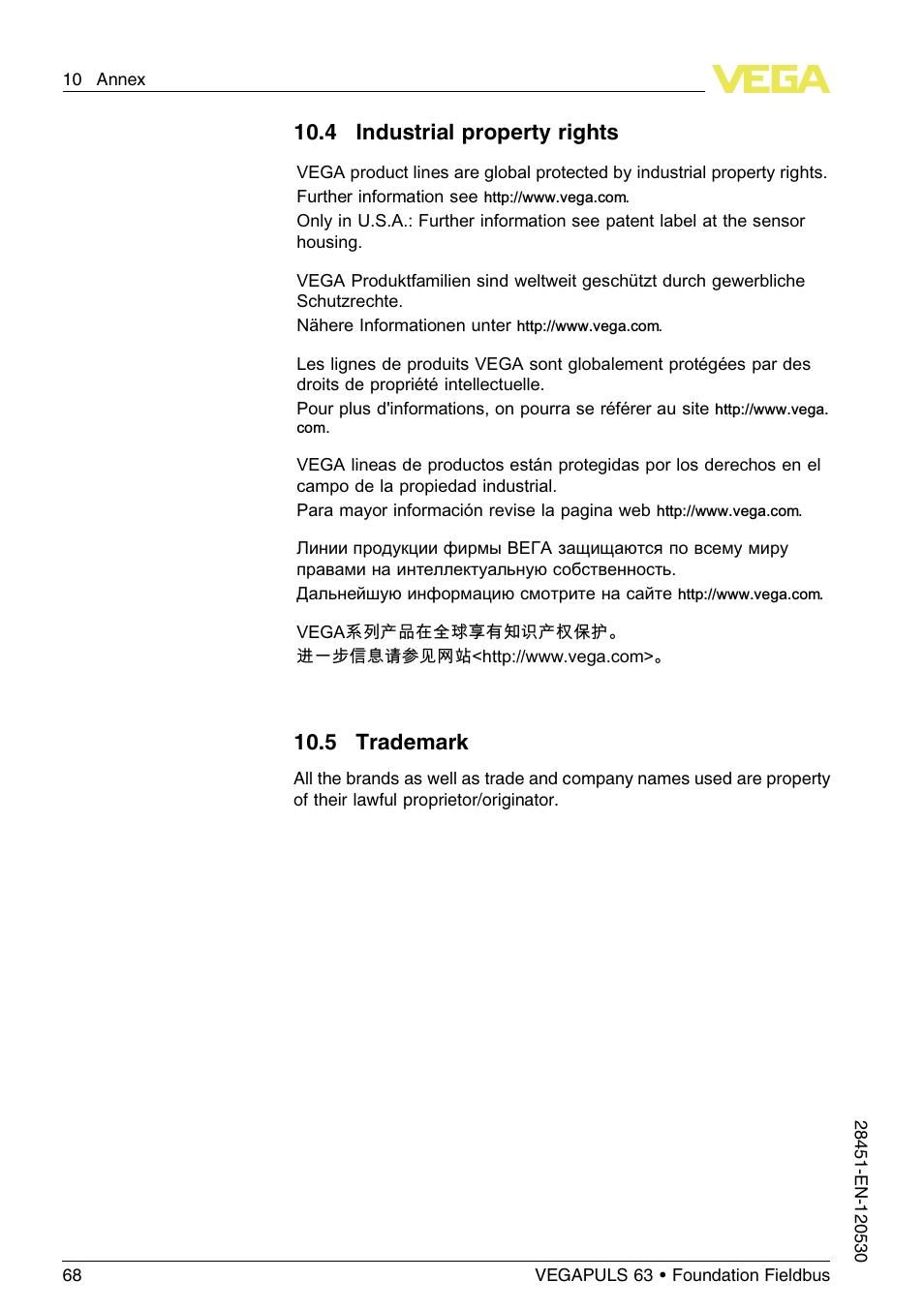 4 industrial property rights, 5 trademark, 10 .4 industrial property rights | 10 .5 trademark | VEGA VEGAPULS 63 (≥ 2.0.0 - ≤ 3.8) Foundation Fieldbus User Manual | Page 68 / 72