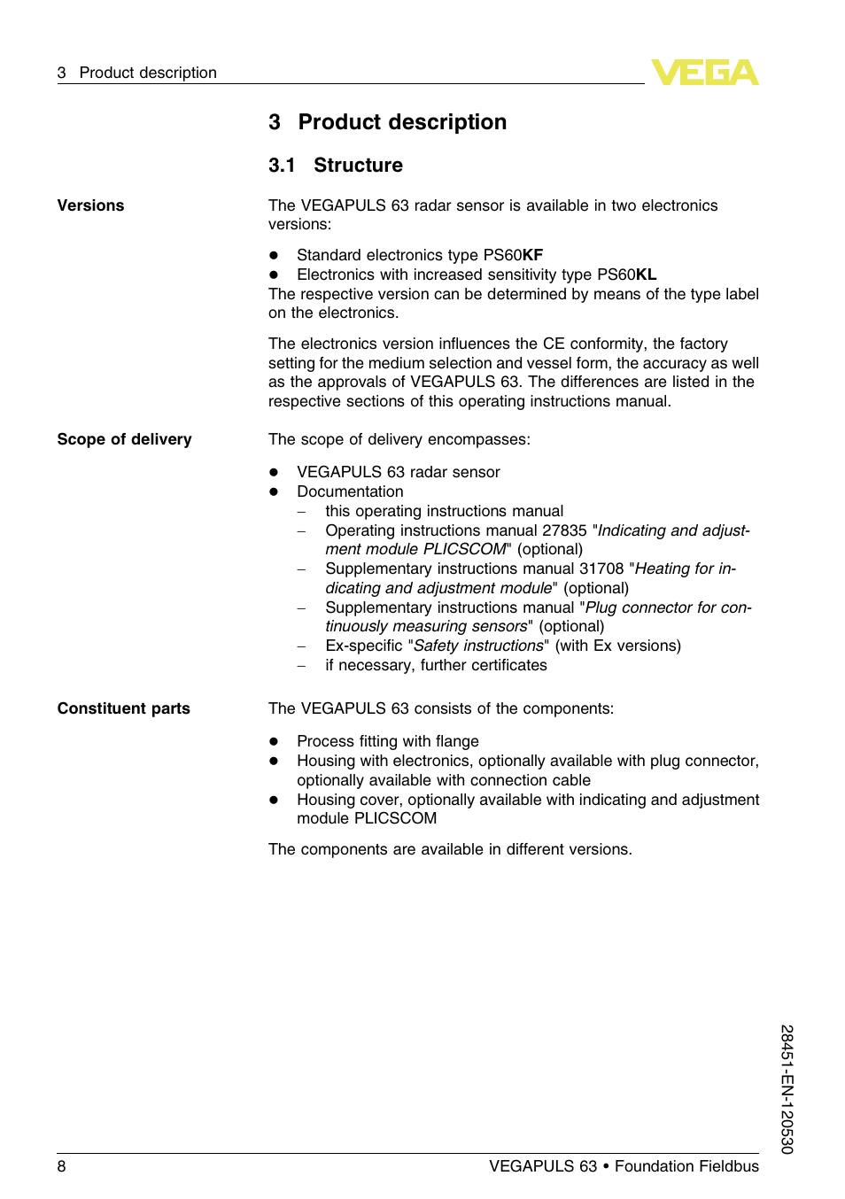 3 product description, 1 structure, 3product description | VEGA VEGAPULS 63 (≥ 2.0.0 - ≤ 3.8) Foundation Fieldbus User Manual | Page 8 / 72
