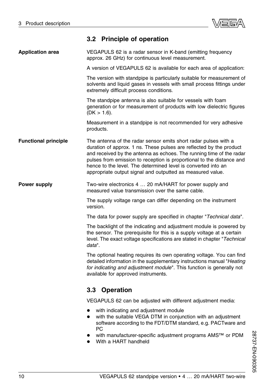 2 principle of operation, 3 operation | VEGA VEGAPULS 62 (≥ 2.0.0 - ≤ 3.8) standpipe ver. 4 … 20 mA_HART two-wire User Manual | Page 10 / 60