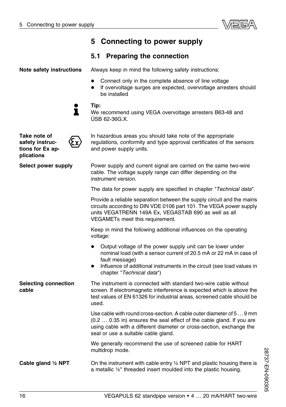 5 connecting to power supply, 1 preparing the connection | VEGA VEGAPULS 62 (≥ 2.0.0 - ≤ 3.8) standpipe ver. 4 … 20 mA_HART two-wire User Manual | Page 16 / 60