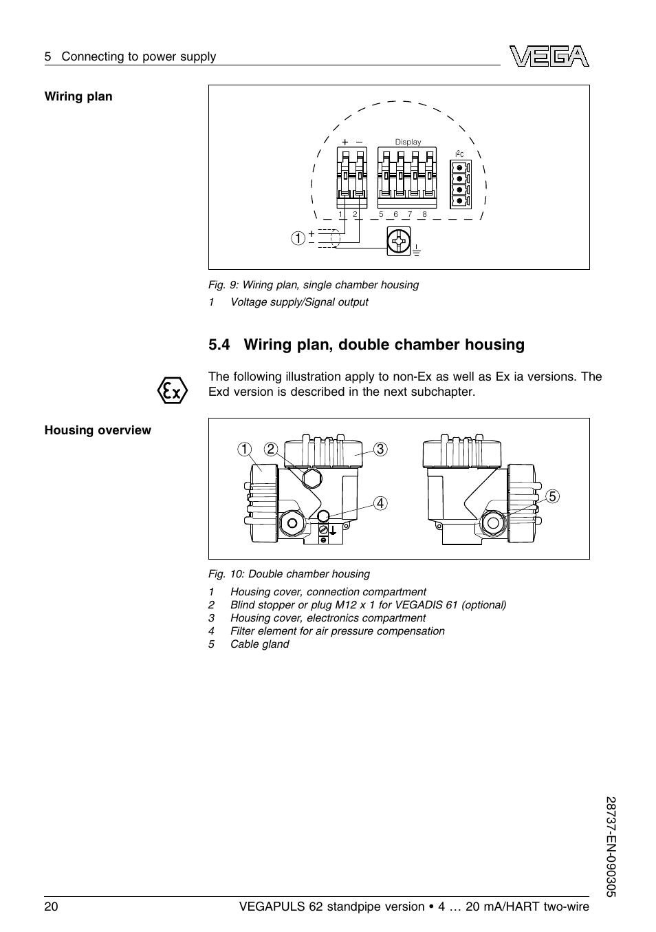 4 wiring plan, double chamber housing | VEGA VEGAPULS 62 (≥ 2.0.0 - ≤ 3.8) standpipe ver. 4 … 20 mA_HART two-wire User Manual | Page 20 / 60