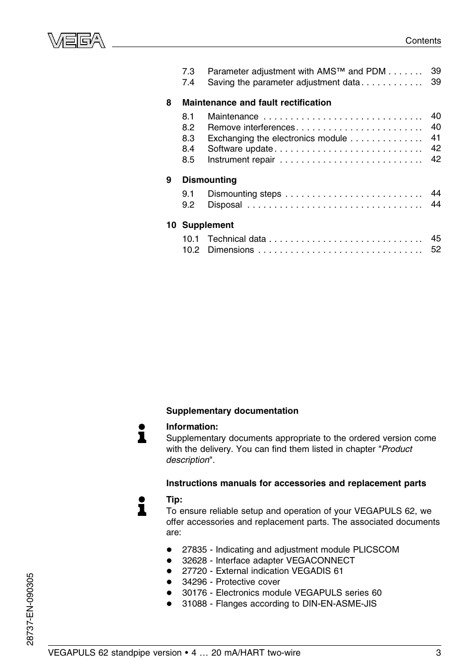 VEGA VEGAPULS 62 (≥ 2.0.0 - ≤ 3.8) standpipe ver. 4 … 20 mA_HART two-wire User Manual | Page 3 / 60