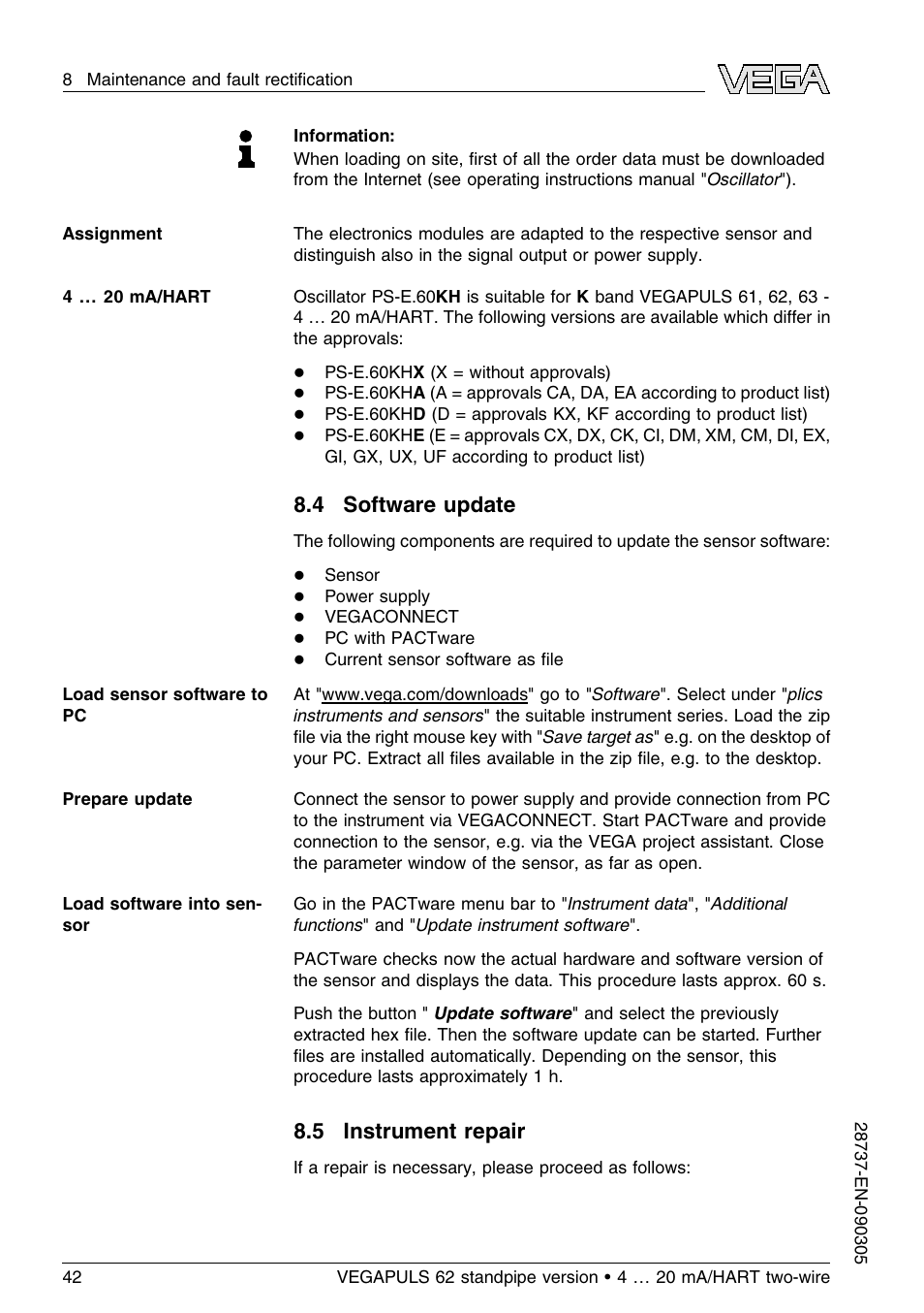 4 software update, 5 instrument repair | VEGA VEGAPULS 62 (≥ 2.0.0 - ≤ 3.8) standpipe ver. 4 … 20 mA_HART two-wire User Manual | Page 42 / 60