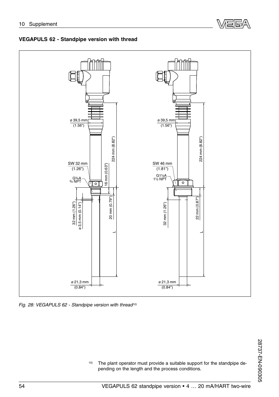 Vegapuls 62 - standpipe version with thread | VEGA VEGAPULS 62 (≥ 2.0.0 - ≤ 3.8) standpipe ver. 4 … 20 mA_HART two-wire User Manual | Page 54 / 60