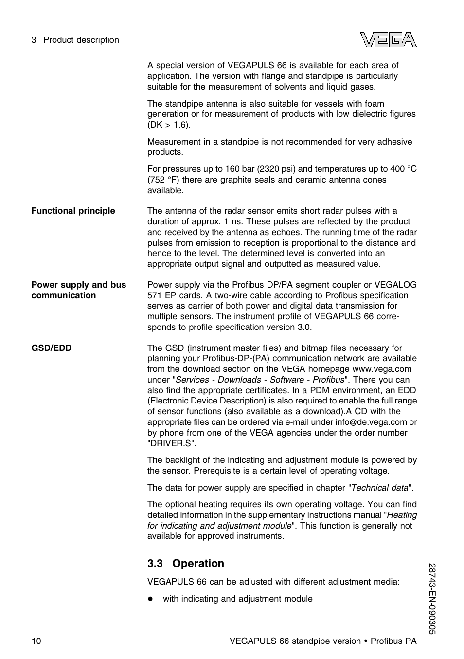 3 operation | VEGA VEGAPULS 66 (≥ 2.0.0 - ≤ 3.8) standpipe ver. Proﬁbus PA User Manual | Page 10 / 60
