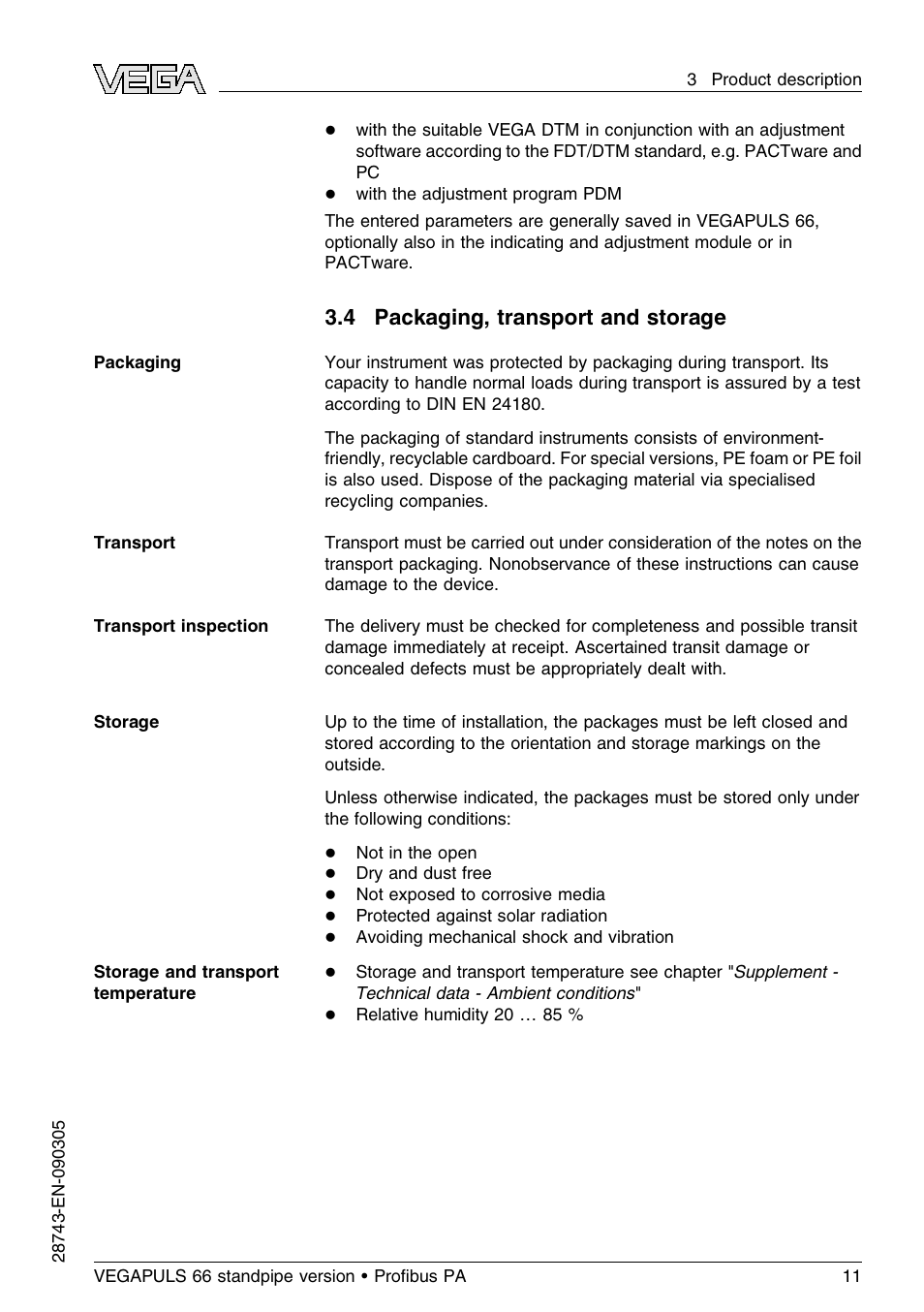 4 packaging, transport and storage | VEGA VEGAPULS 66 (≥ 2.0.0 - ≤ 3.8) standpipe ver. Proﬁbus PA User Manual | Page 11 / 60