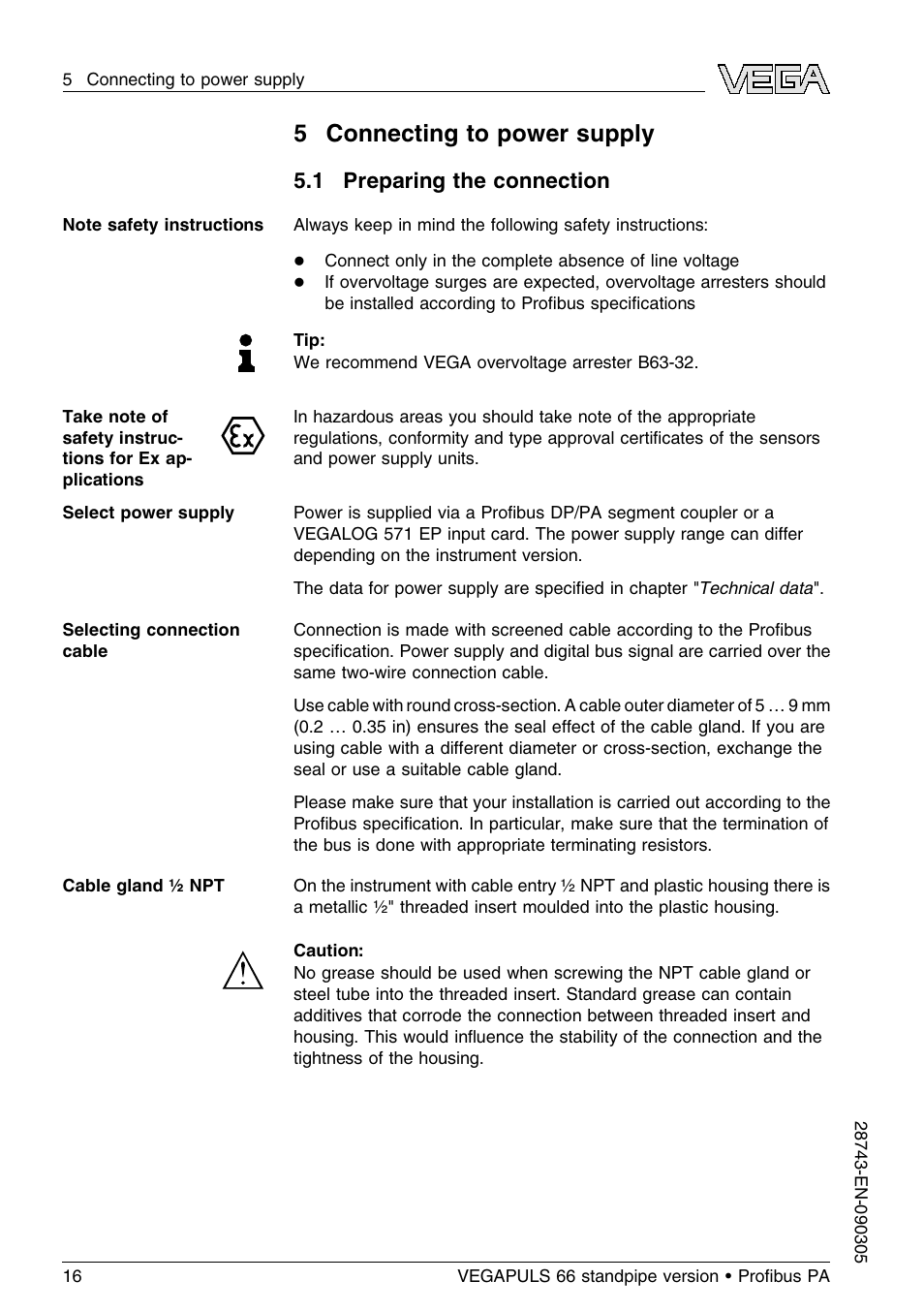 5 connecting to power supply, 1 preparing the connection | VEGA VEGAPULS 66 (≥ 2.0.0 - ≤ 3.8) standpipe ver. Proﬁbus PA User Manual | Page 16 / 60