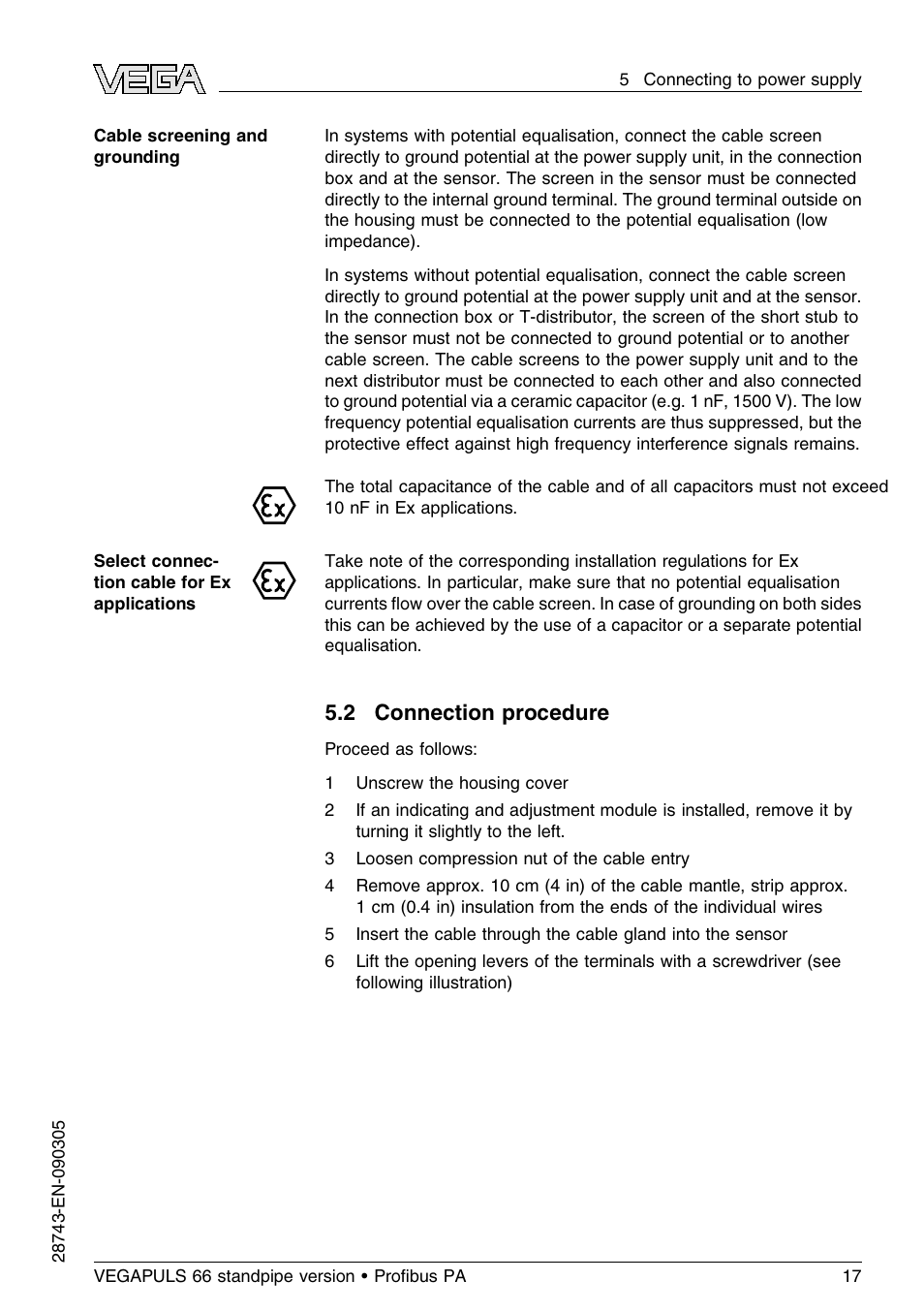 2 connection procedure | VEGA VEGAPULS 66 (≥ 2.0.0 - ≤ 3.8) standpipe ver. Proﬁbus PA User Manual | Page 17 / 60