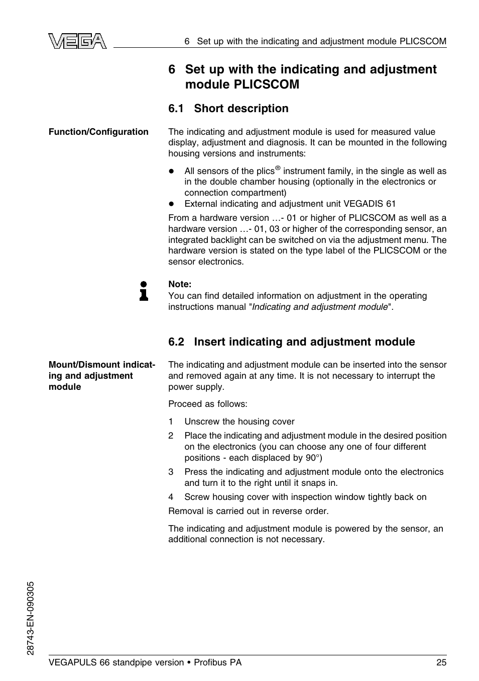 1 short description, 2 insert indicating and adjustment module | VEGA VEGAPULS 66 (≥ 2.0.0 - ≤ 3.8) standpipe ver. Proﬁbus PA User Manual | Page 25 / 60