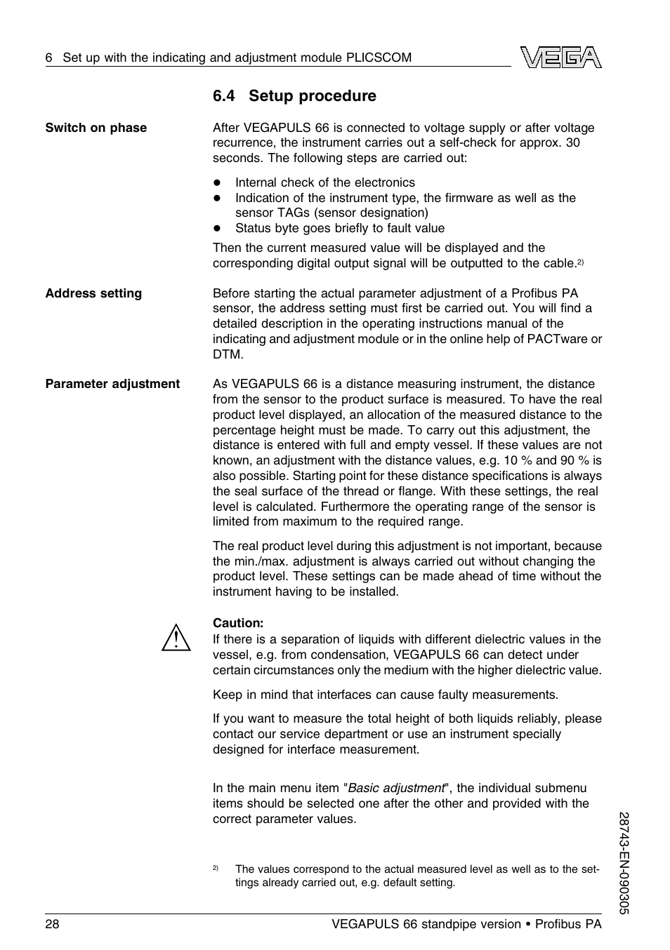 4 setup procedure | VEGA VEGAPULS 66 (≥ 2.0.0 - ≤ 3.8) standpipe ver. Proﬁbus PA User Manual | Page 28 / 60