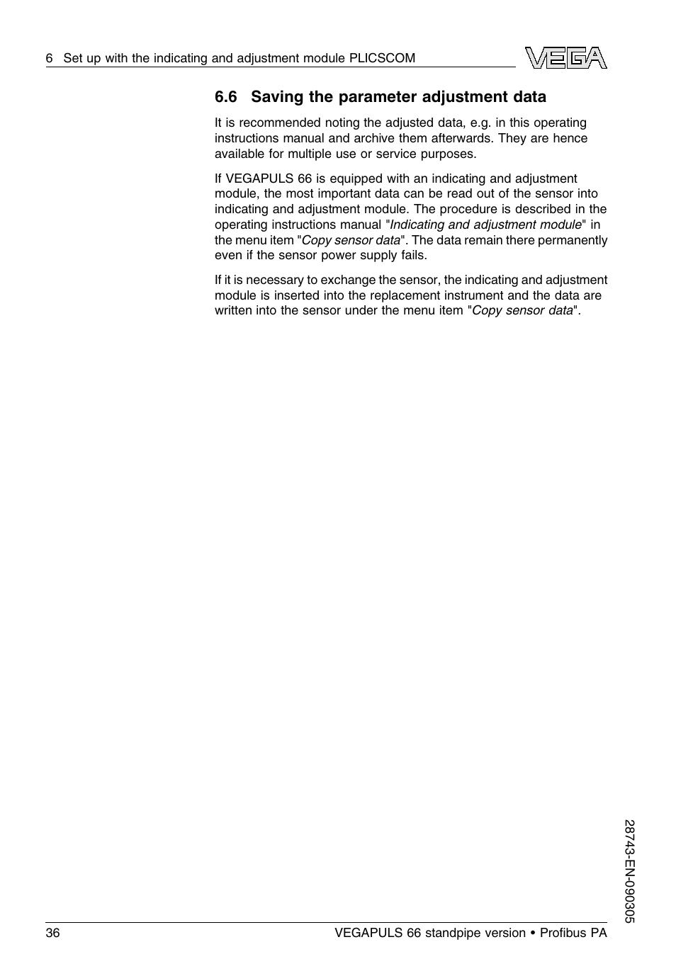 6 saving the parameter adjustment data | VEGA VEGAPULS 66 (≥ 2.0.0 - ≤ 3.8) standpipe ver. Proﬁbus PA User Manual | Page 36 / 60