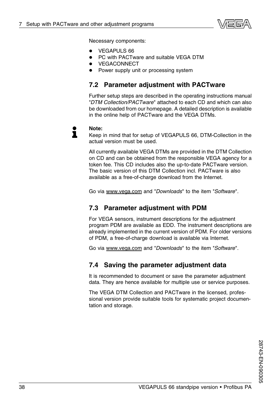 2 parameter adjustment with pactware, 3 parameter adjustment with pdm, 4 saving the parameter adjustment data | VEGA VEGAPULS 66 (≥ 2.0.0 - ≤ 3.8) standpipe ver. Proﬁbus PA User Manual | Page 38 / 60