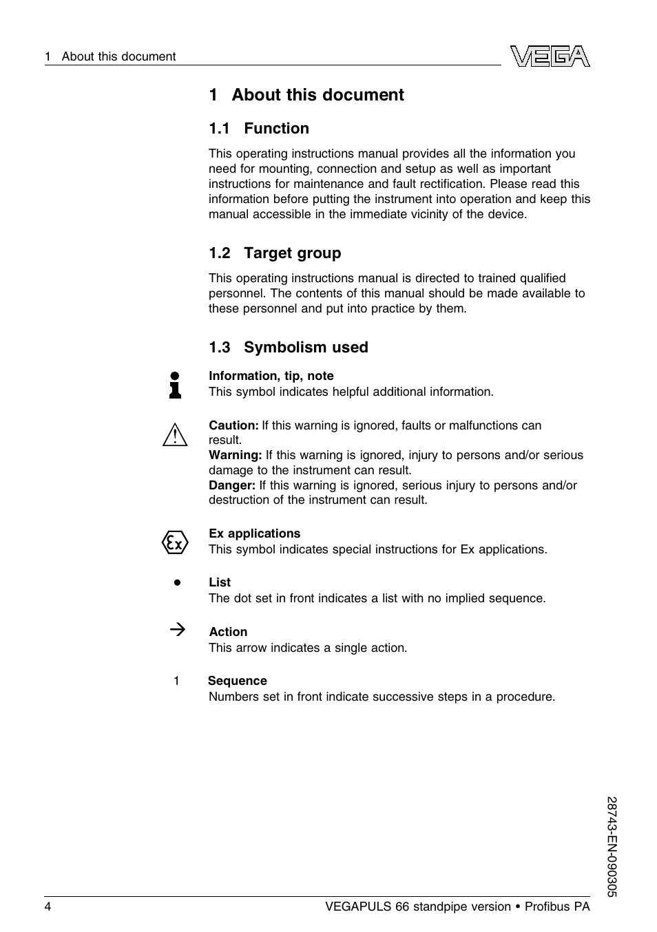 1 about this document, 1 function, 2 target group | 3 symbolism used | VEGA VEGAPULS 66 (≥ 2.0.0 - ≤ 3.8) standpipe ver. Proﬁbus PA User Manual | Page 4 / 60
