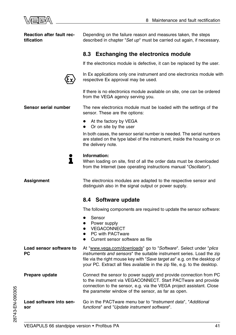 3 exchanging the electronics module, 4 software update | VEGA VEGAPULS 66 (≥ 2.0.0 - ≤ 3.8) standpipe ver. Proﬁbus PA User Manual | Page 41 / 60