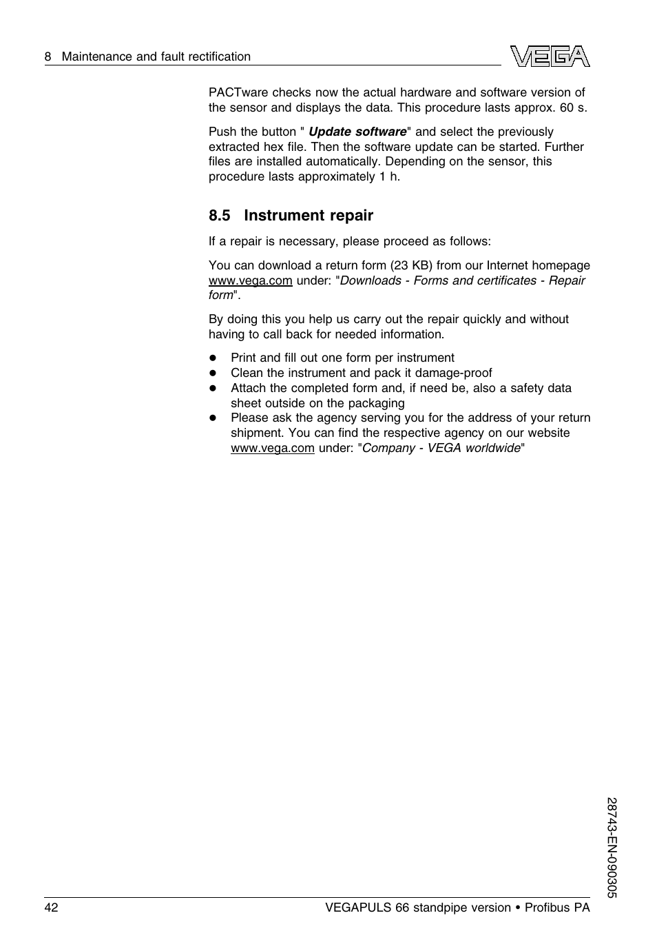 5 instrument repair | VEGA VEGAPULS 66 (≥ 2.0.0 - ≤ 3.8) standpipe ver. Proﬁbus PA User Manual | Page 42 / 60