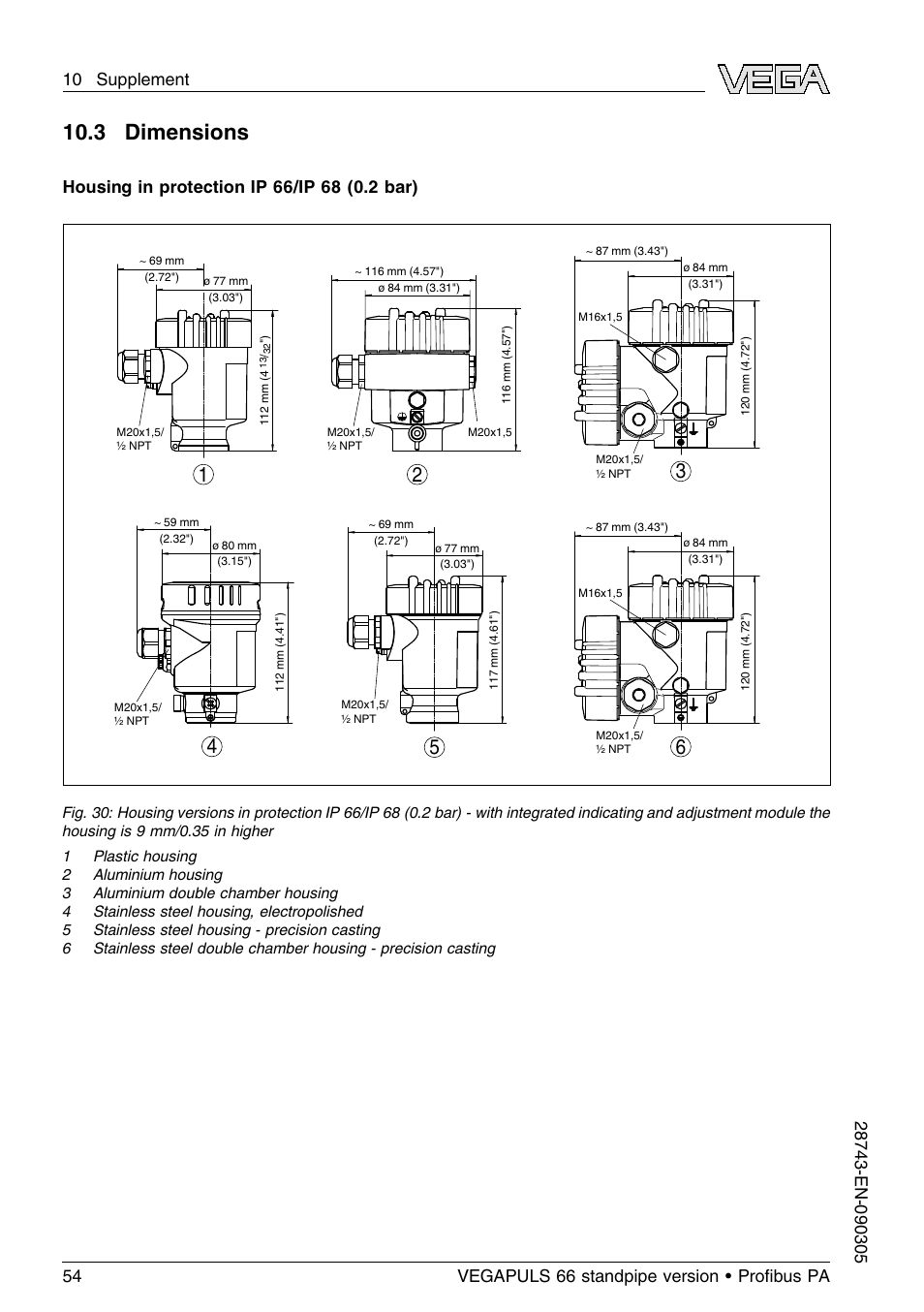 3 dimensions | VEGA VEGAPULS 66 (≥ 2.0.0 - ≤ 3.8) standpipe ver. Proﬁbus PA User Manual | Page 54 / 60