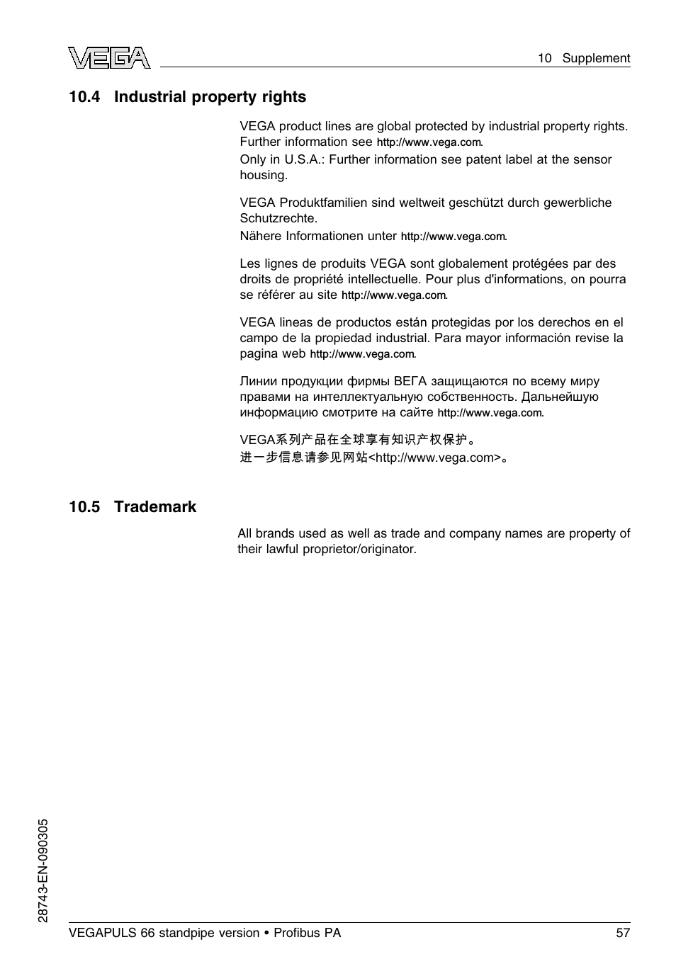 4 industrial property rights, 5 trademark | VEGA VEGAPULS 66 (≥ 2.0.0 - ≤ 3.8) standpipe ver. Proﬁbus PA User Manual | Page 57 / 60