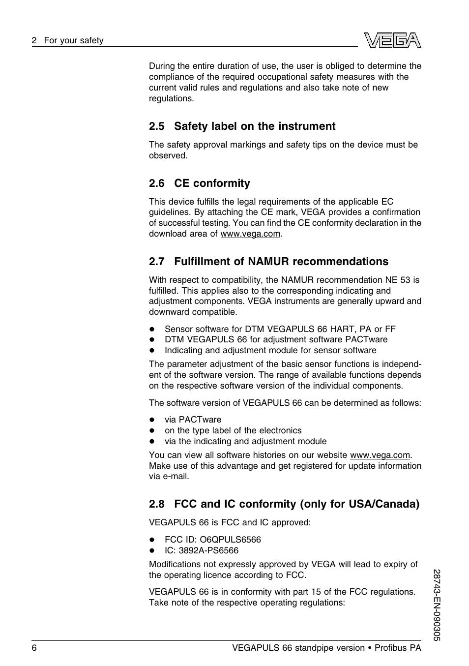 5 safety label on the instrument, 6 ce conformity, 7 fulfillment of namur recommendations | 8 fcc and ic conformity (only for usa/canada), 7 fulﬁllment of namur recommendations | VEGA VEGAPULS 66 (≥ 2.0.0 - ≤ 3.8) standpipe ver. Proﬁbus PA User Manual | Page 6 / 60