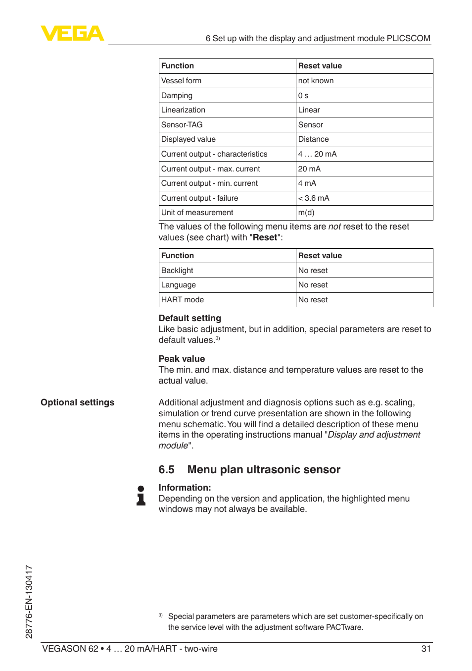 5 menu plan ultrasonic sensor | VEGA VEGASON 62 4 … 20 mA_HART - two-wire User Manual | Page 31 / 52