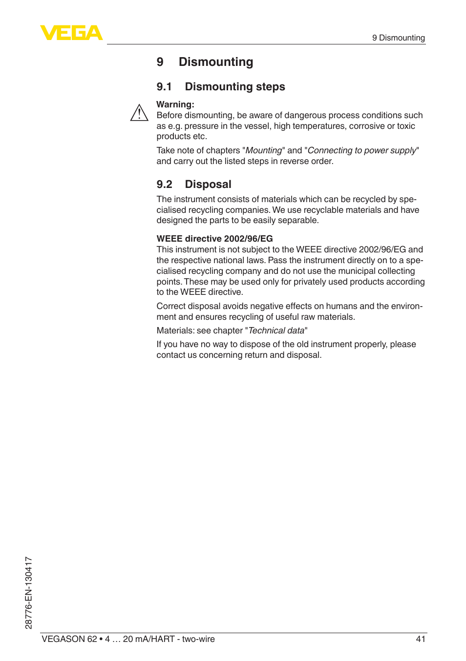 9 dismounting | VEGA VEGASON 62 4 … 20 mA_HART - two-wire User Manual | Page 41 / 52