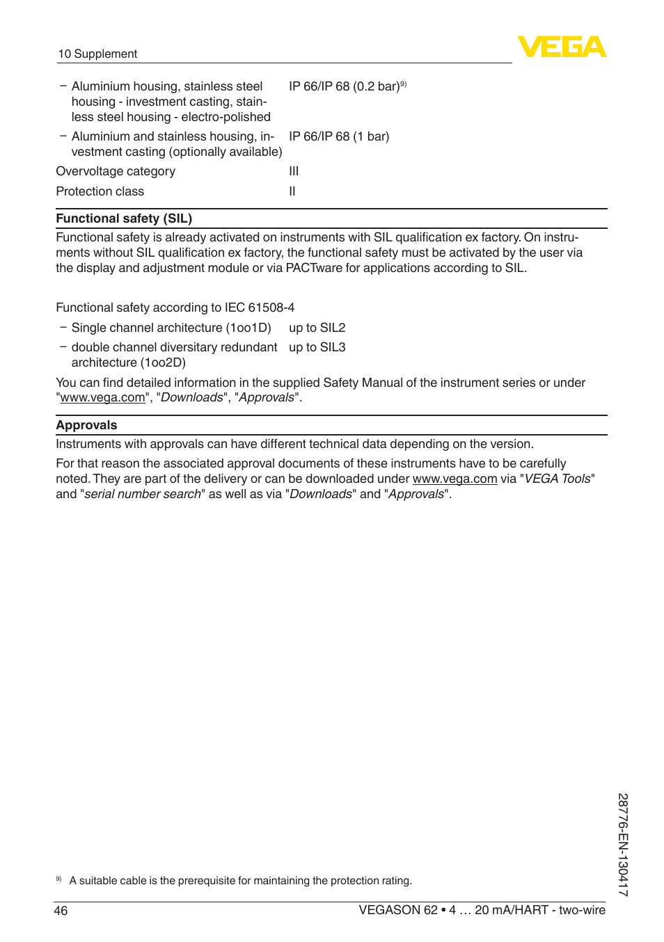 VEGA VEGASON 62 4 … 20 mA_HART - two-wire User Manual | Page 46 / 52