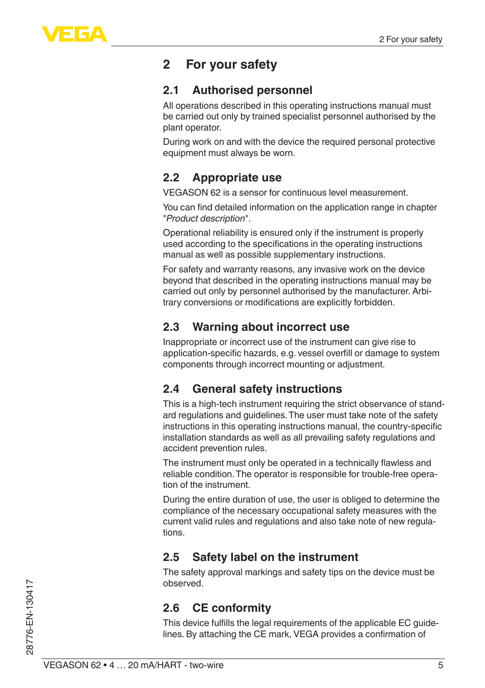 2 for your safety | VEGA VEGASON 62 4 … 20 mA_HART - two-wire User Manual | Page 5 / 52