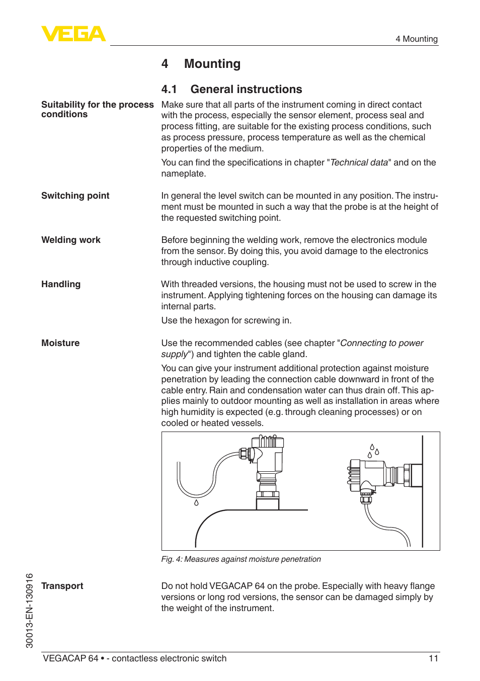 4 mounting, 1 general instructions | VEGA VEGACAP 64 - contactless electronic switch User Manual | Page 11 / 36