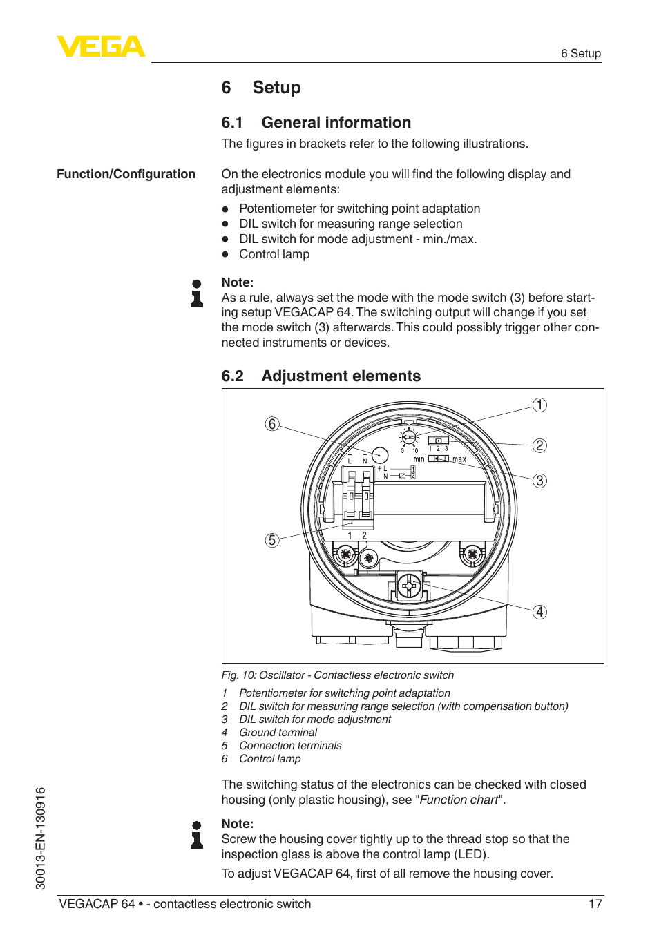6 setup, 1 general information, 2 adjustment elements | VEGA VEGACAP 64 - contactless electronic switch User Manual | Page 17 / 36