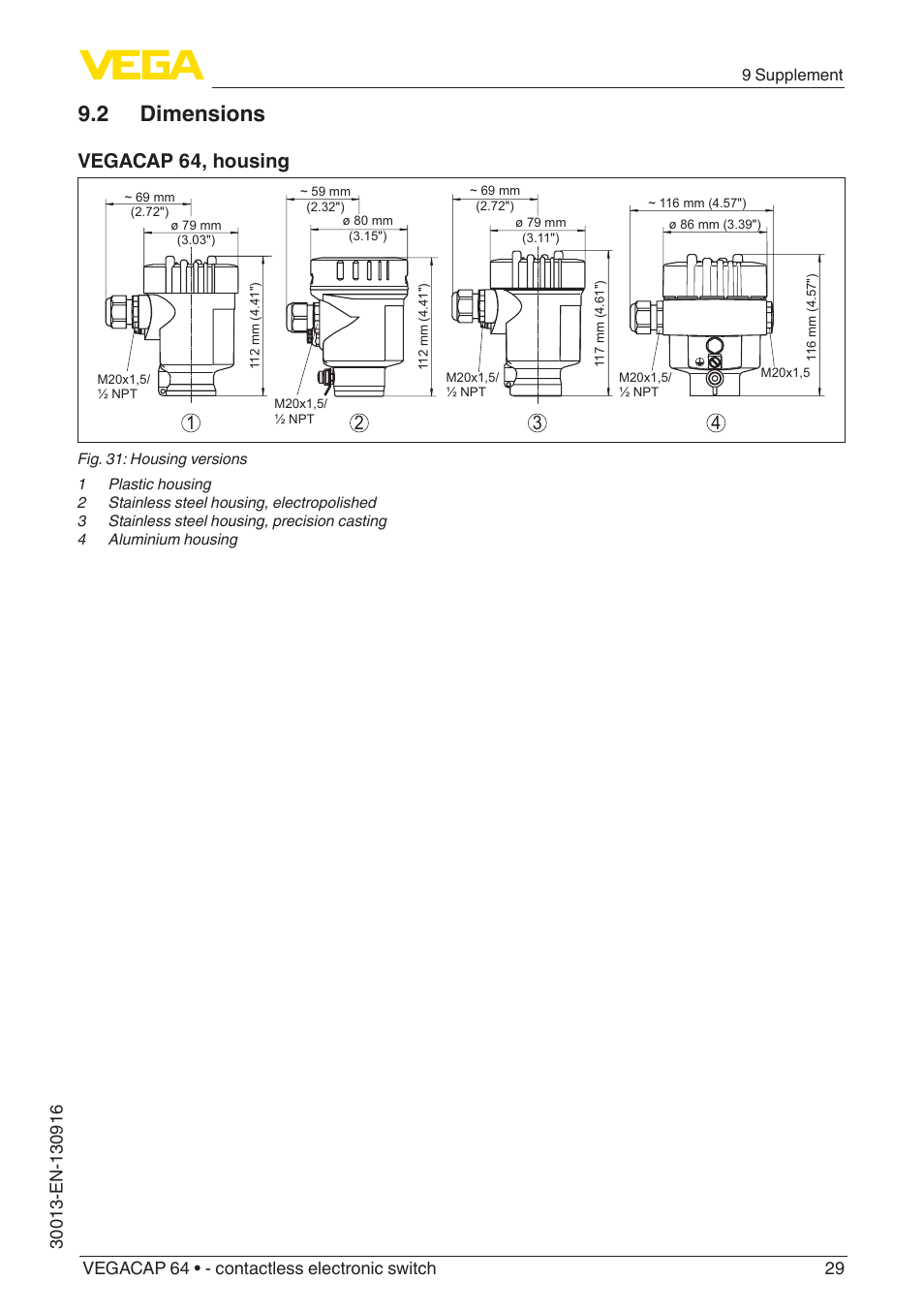 2 dimensions, Vegacap 64, housing | VEGA VEGACAP 64 - contactless electronic switch User Manual | Page 29 / 36