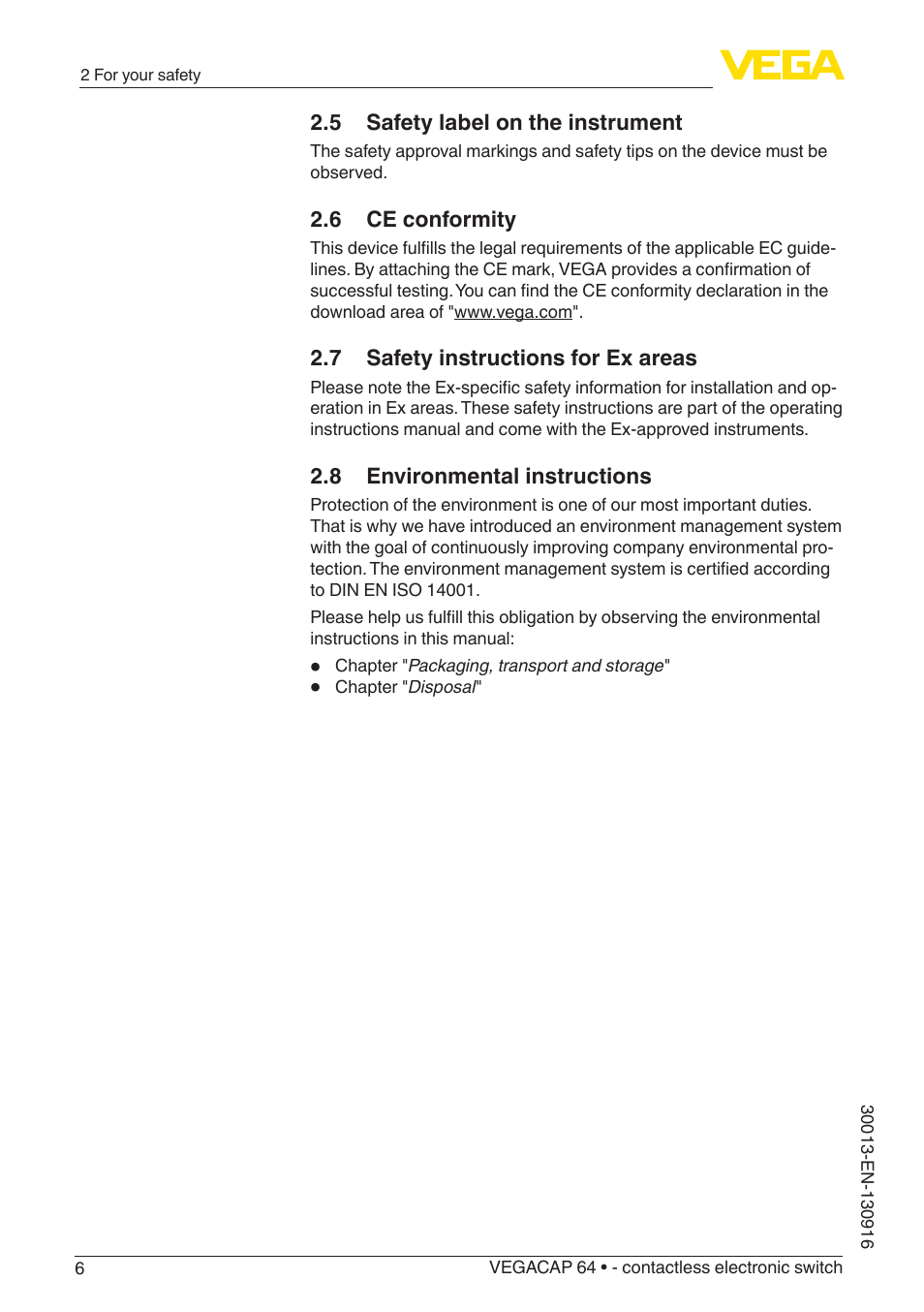 5 safety label on the instrument, 6 ce conformity, 7 safety instructions for ex areas | 8 environmental instructions | VEGA VEGACAP 64 - contactless electronic switch User Manual | Page 6 / 36