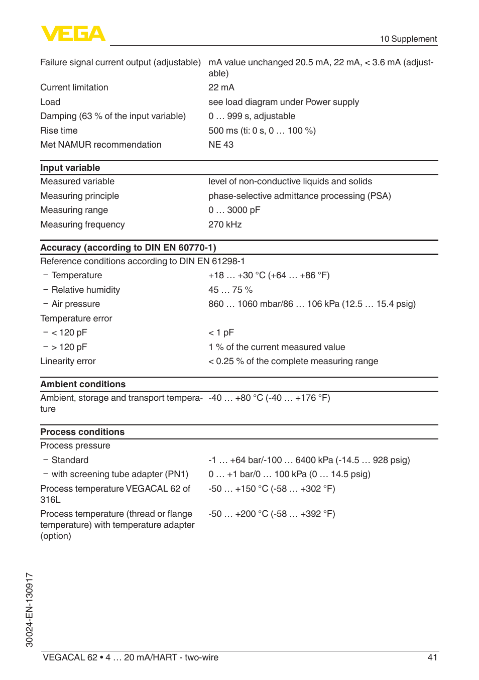 VEGA VEGACAL 62 4 … 20 mA_HART - two-wire User Manual | Page 41 / 52