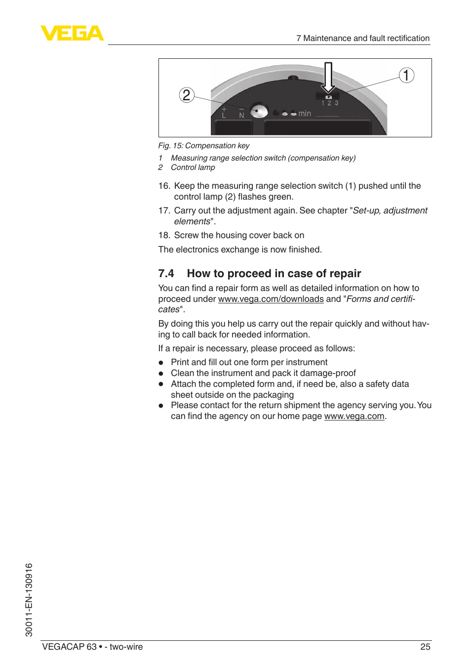 4 how to proceed in case of repair | VEGA VEGACAP 63 - two-wire User Manual | Page 25 / 36