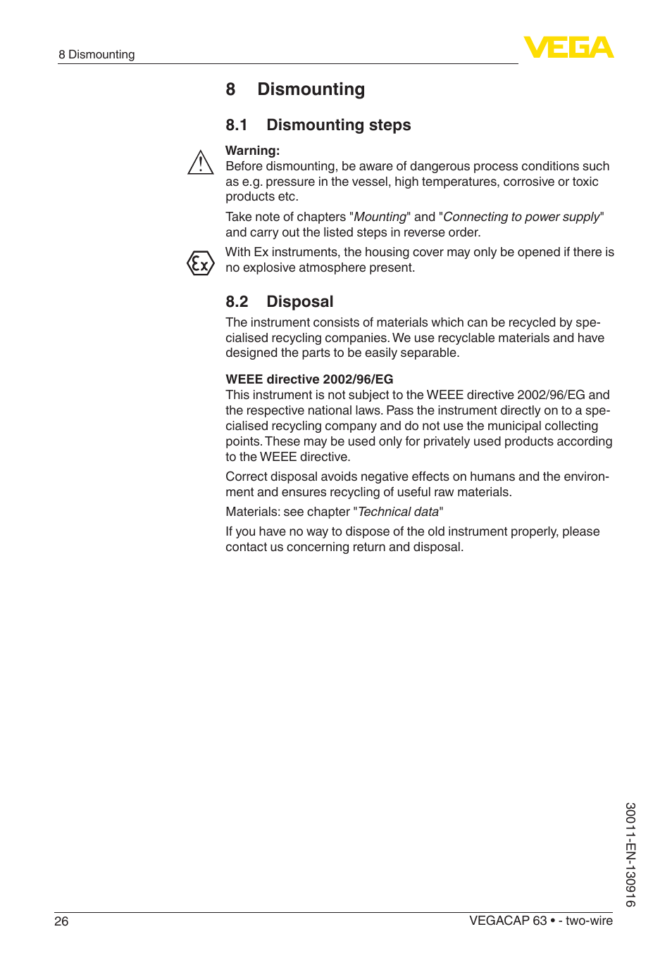 8 dismounting, 1 dismounting steps, 2 disposal | VEGA VEGACAP 63 - two-wire User Manual | Page 26 / 36