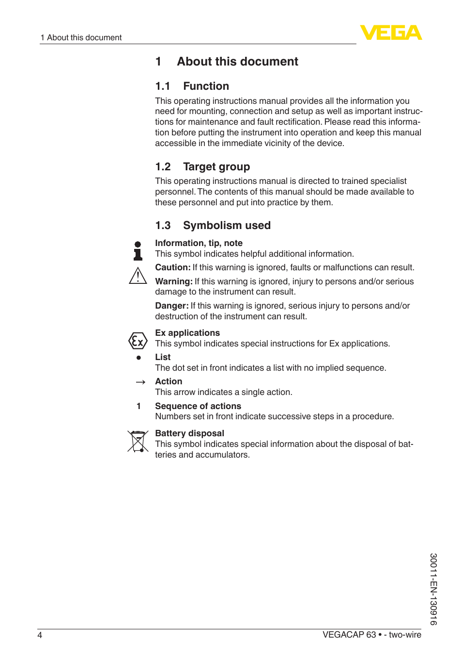 1 about this document, 1 function, 2 target group | 3 symbolism used | VEGA VEGACAP 63 - two-wire User Manual | Page 4 / 36