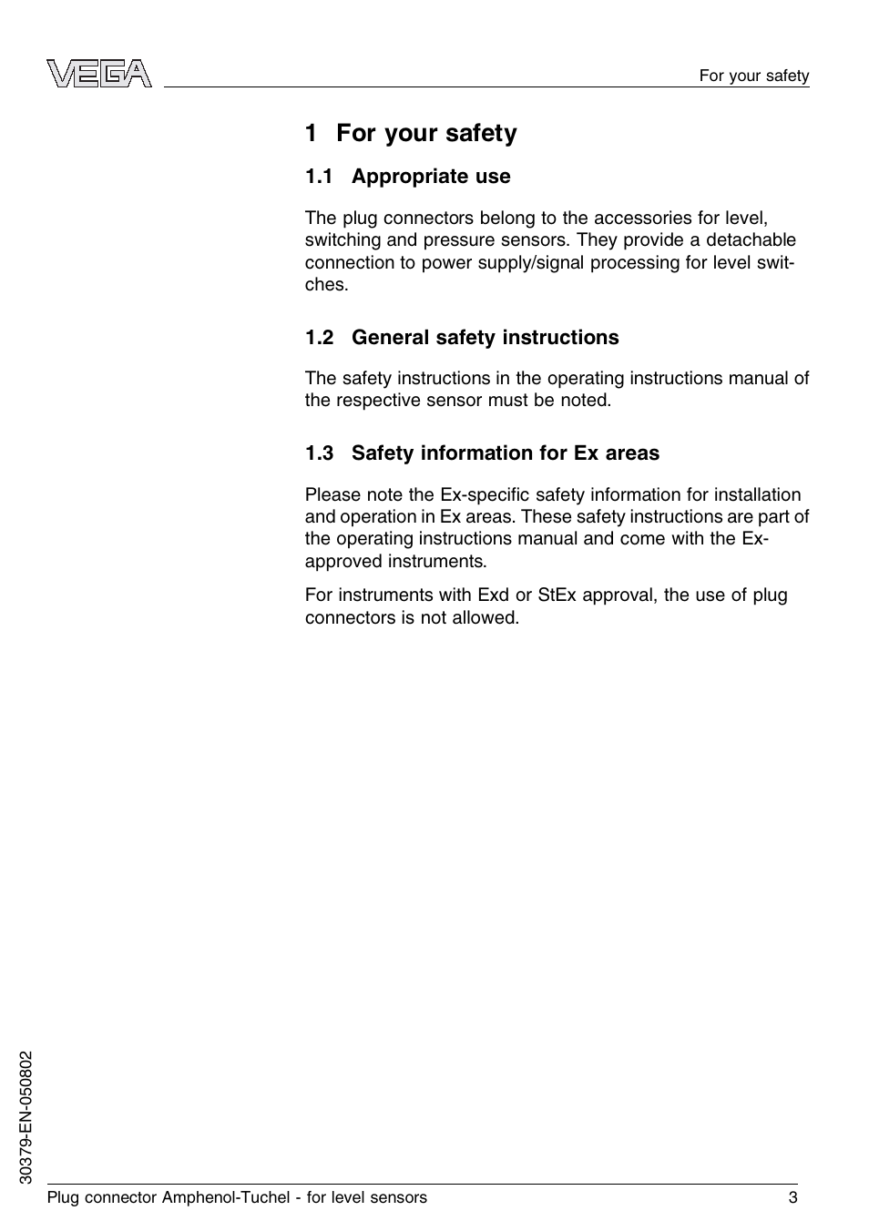 1 for your safety, 1 appropriate use, 2 general safety instructions | VEGA Plug connector Amphenol-Tuchel for level sensors User Manual | Page 3 / 8