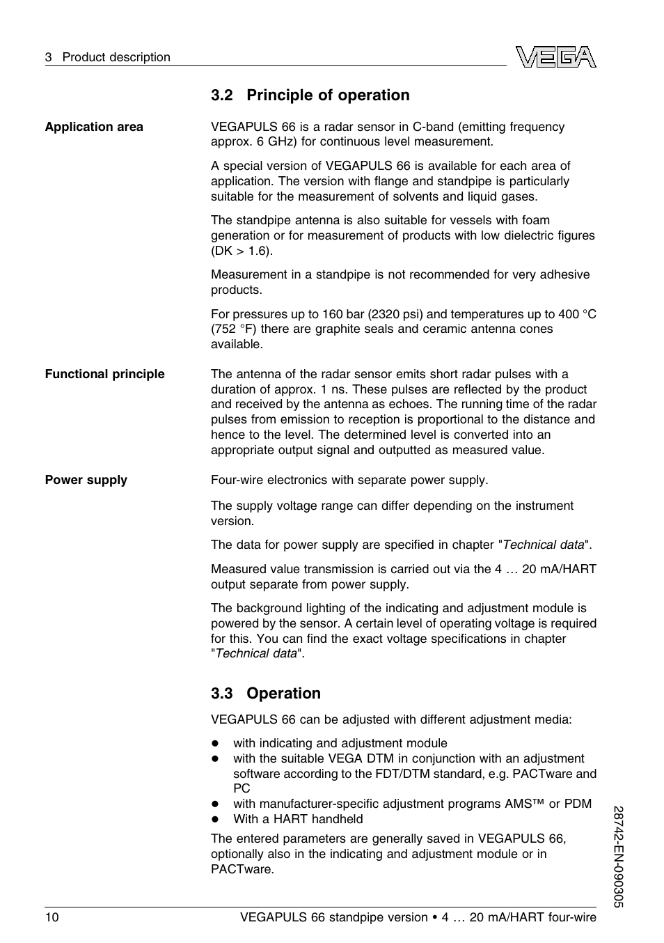 2 principle of operation, 3 operation | VEGA VEGAPULS 66 (≥ 2.0.0 - ≤ 3.8) standpipe ver. 4 … 20 mA_HART four-wire User Manual | Page 10 / 52