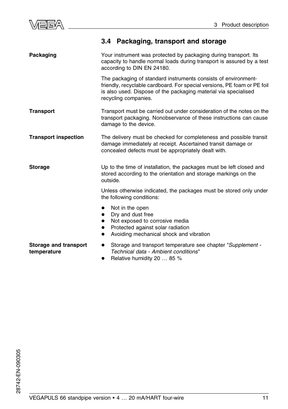 4 packaging, transport and storage | VEGA VEGAPULS 66 (≥ 2.0.0 - ≤ 3.8) standpipe ver. 4 … 20 mA_HART four-wire User Manual | Page 11 / 52
