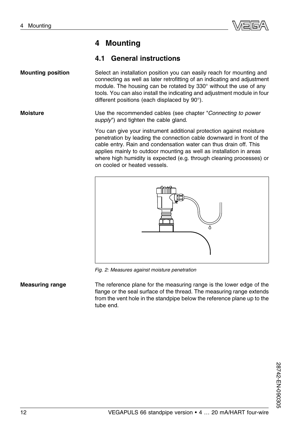 4 mounting, 1 general instructions | VEGA VEGAPULS 66 (≥ 2.0.0 - ≤ 3.8) standpipe ver. 4 … 20 mA_HART four-wire User Manual | Page 12 / 52