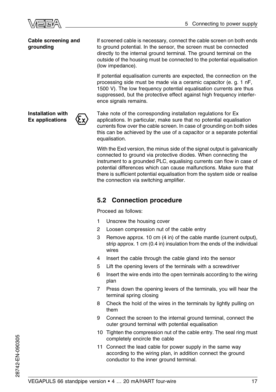 2 connection procedure | VEGA VEGAPULS 66 (≥ 2.0.0 - ≤ 3.8) standpipe ver. 4 … 20 mA_HART four-wire User Manual | Page 17 / 52