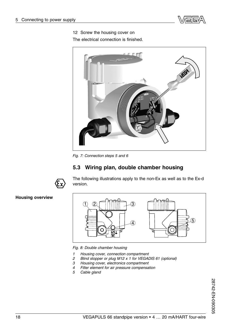 3 wiring plan, double chamber housing | VEGA VEGAPULS 66 (≥ 2.0.0 - ≤ 3.8) standpipe ver. 4 … 20 mA_HART four-wire User Manual | Page 18 / 52