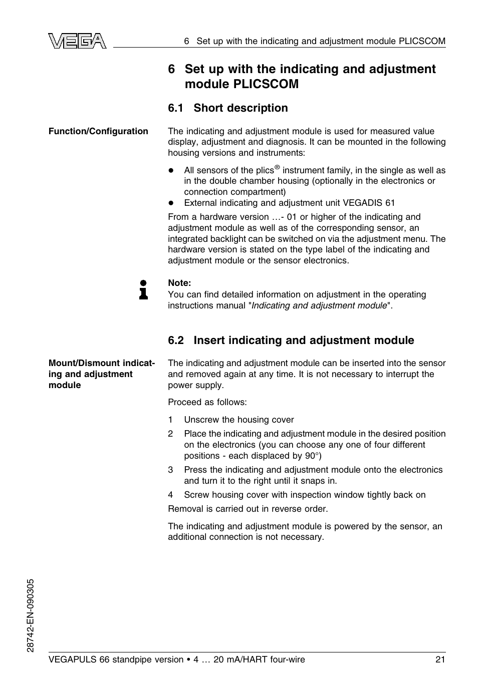 1 short description, 2 insert indicating and adjustment module | VEGA VEGAPULS 66 (≥ 2.0.0 - ≤ 3.8) standpipe ver. 4 … 20 mA_HART four-wire User Manual | Page 21 / 52