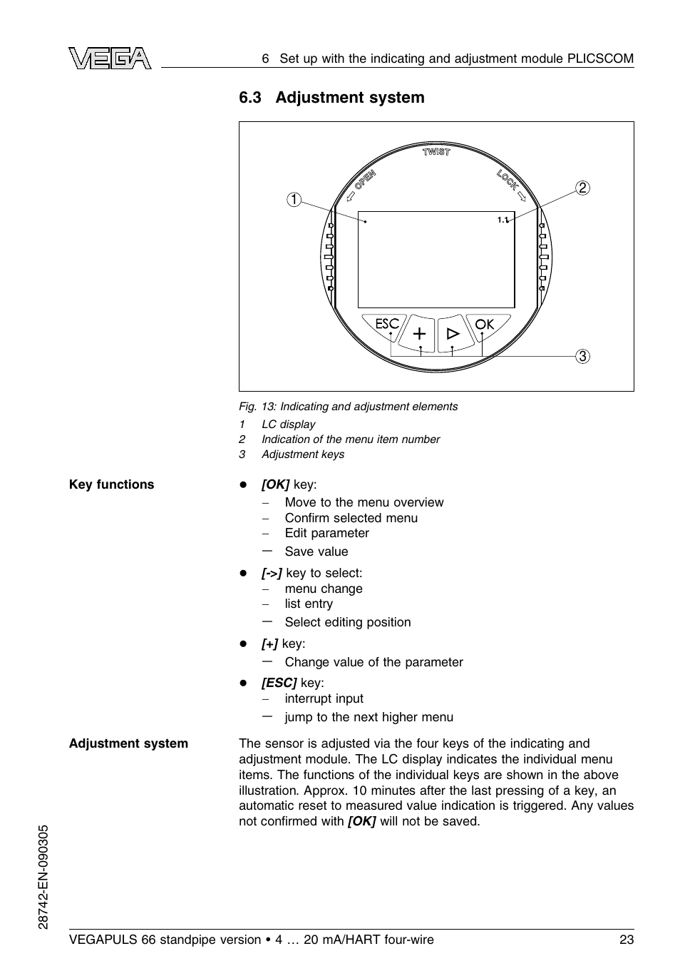 3 adjustment system | VEGA VEGAPULS 66 (≥ 2.0.0 - ≤ 3.8) standpipe ver. 4 … 20 mA_HART four-wire User Manual | Page 23 / 52