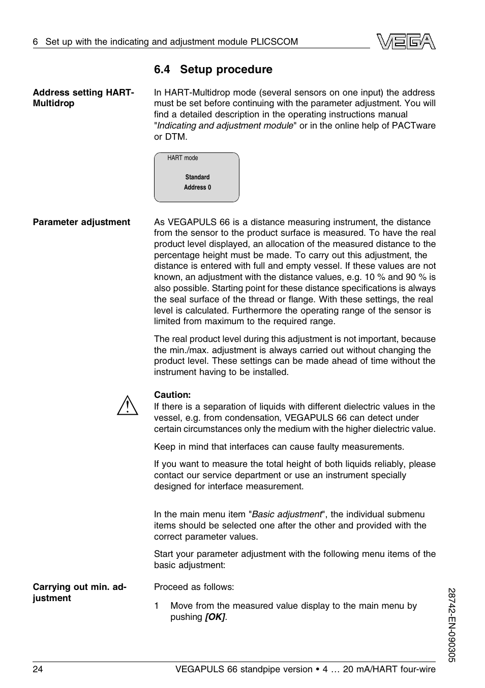 4 setup procedure | VEGA VEGAPULS 66 (≥ 2.0.0 - ≤ 3.8) standpipe ver. 4 … 20 mA_HART four-wire User Manual | Page 24 / 52