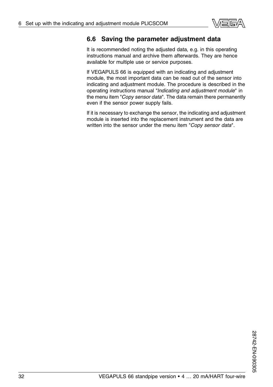 6 saving the parameter adjustment data | VEGA VEGAPULS 66 (≥ 2.0.0 - ≤ 3.8) standpipe ver. 4 … 20 mA_HART four-wire User Manual | Page 32 / 52