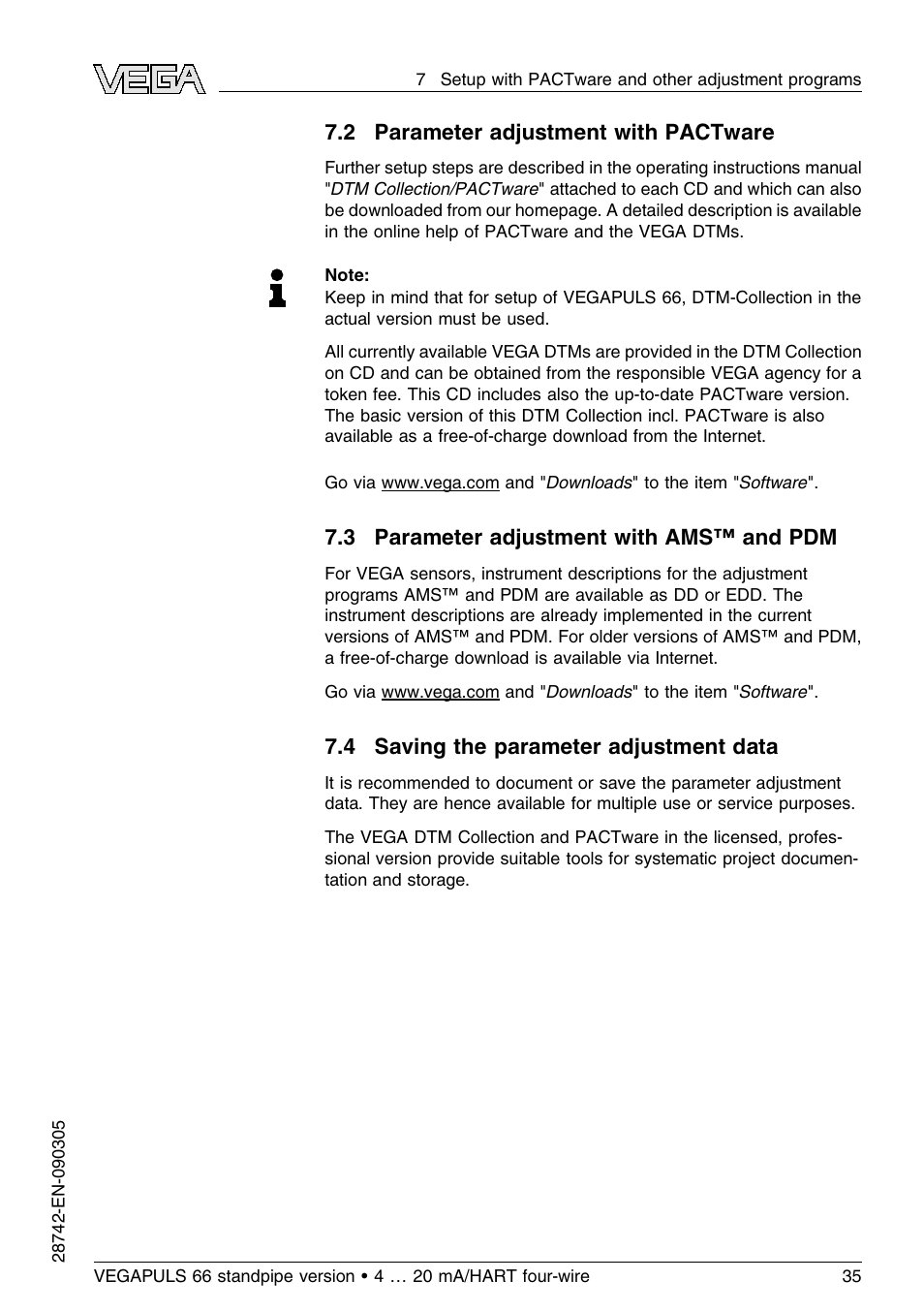 2 parameter adjustment with pactware, 3 parameter adjustment with ams™ and pdm, 4 saving the parameter adjustment data | VEGA VEGAPULS 66 (≥ 2.0.0 - ≤ 3.8) standpipe ver. 4 … 20 mA_HART four-wire User Manual | Page 35 / 52