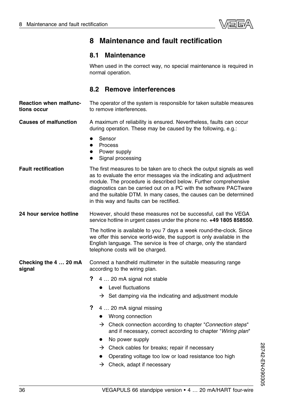 8 maintenance and fault rectification, 1 maintenance, 2 remove interferences | 8 maintenance and fault rectiﬁcation | VEGA VEGAPULS 66 (≥ 2.0.0 - ≤ 3.8) standpipe ver. 4 … 20 mA_HART four-wire User Manual | Page 36 / 52